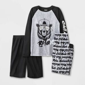 Jellifish Kids Boys‎ 3pc Bear Pajama Set Gray L Relax Chill Pants Shirt Shorts